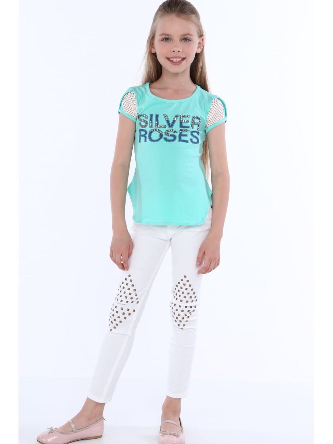 Girls\' trousers with flat studs, white NDZ310 - Online store - Boutique